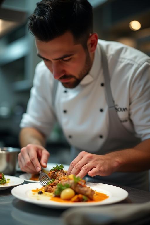 En kok der omhyggeligt anretter en tallerken.