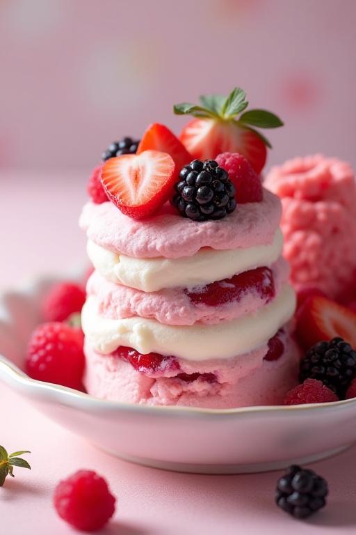 En kunstnerisk dessert med bær og is.